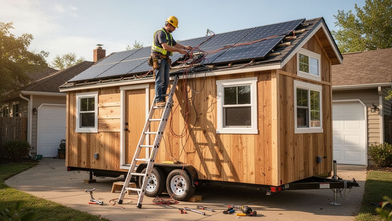 A beginner builder in casual clothes and safety gear installs solar panels and wiring on the roof of a tiny house on wheels parked in a driveway during a sunny afternoon. Realistic photo style with warm daylight lighting, ladder propped nearby, tools like wrench and wire cutters visible, exactly one person.