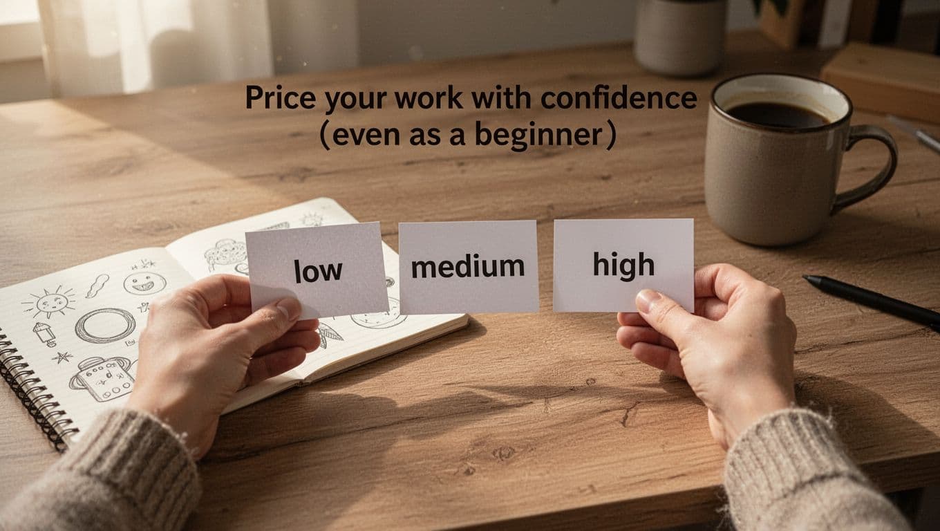 Hands of one person arranging three blank pricing cards labeled low, medium, and high on a wooden desk in a cozy home office with a notebook, coffee mug, and soft morning light.