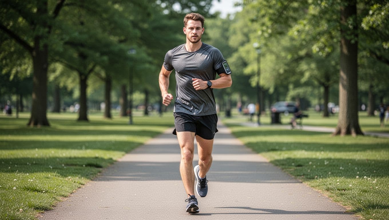 A relaxed beginner runner in athletic clothes jogs on a flat park trail during daylight, briefly glancing at a blurred wrist running watch while maintaining good posture and natural arm swing.