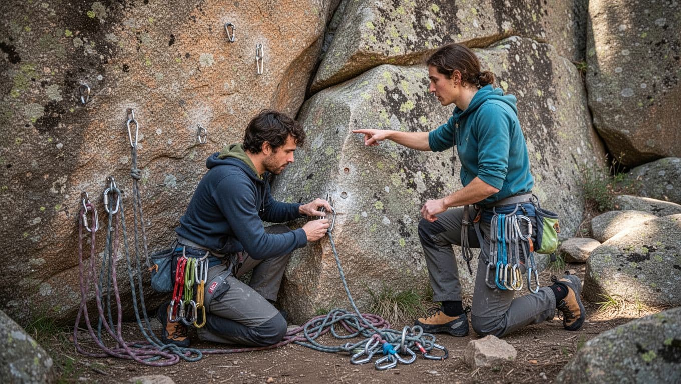 Two beginner trad climbers practice gear placement from ground level at a sunny granite crag, with one kneeling to place a nut in a crack on a boulder and the other observing and providing feedback, climbing gear rack nearby.