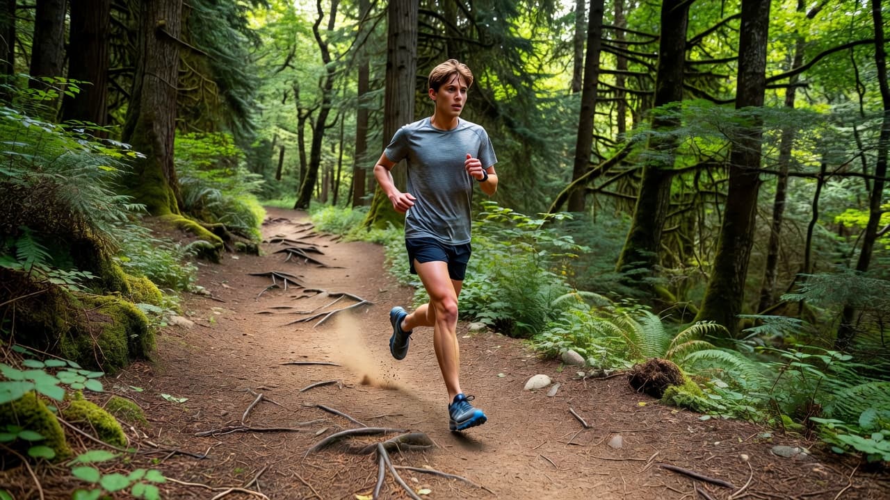 A novice athlete jogs along a narrow dirt trail winding through a dense forest. Sunlight filters through the overhead canopy, illuminating the rugged path beneath their technical athletic footwear.
