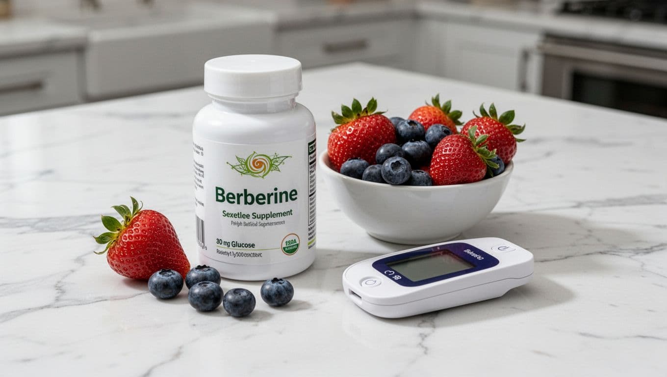 Bottle of berberine supplement next to fresh blueberries and strawberries on a white marble table, with a simple blood glucose meter nearby, photorealistic side-angle view in bright kitchen lighting.
