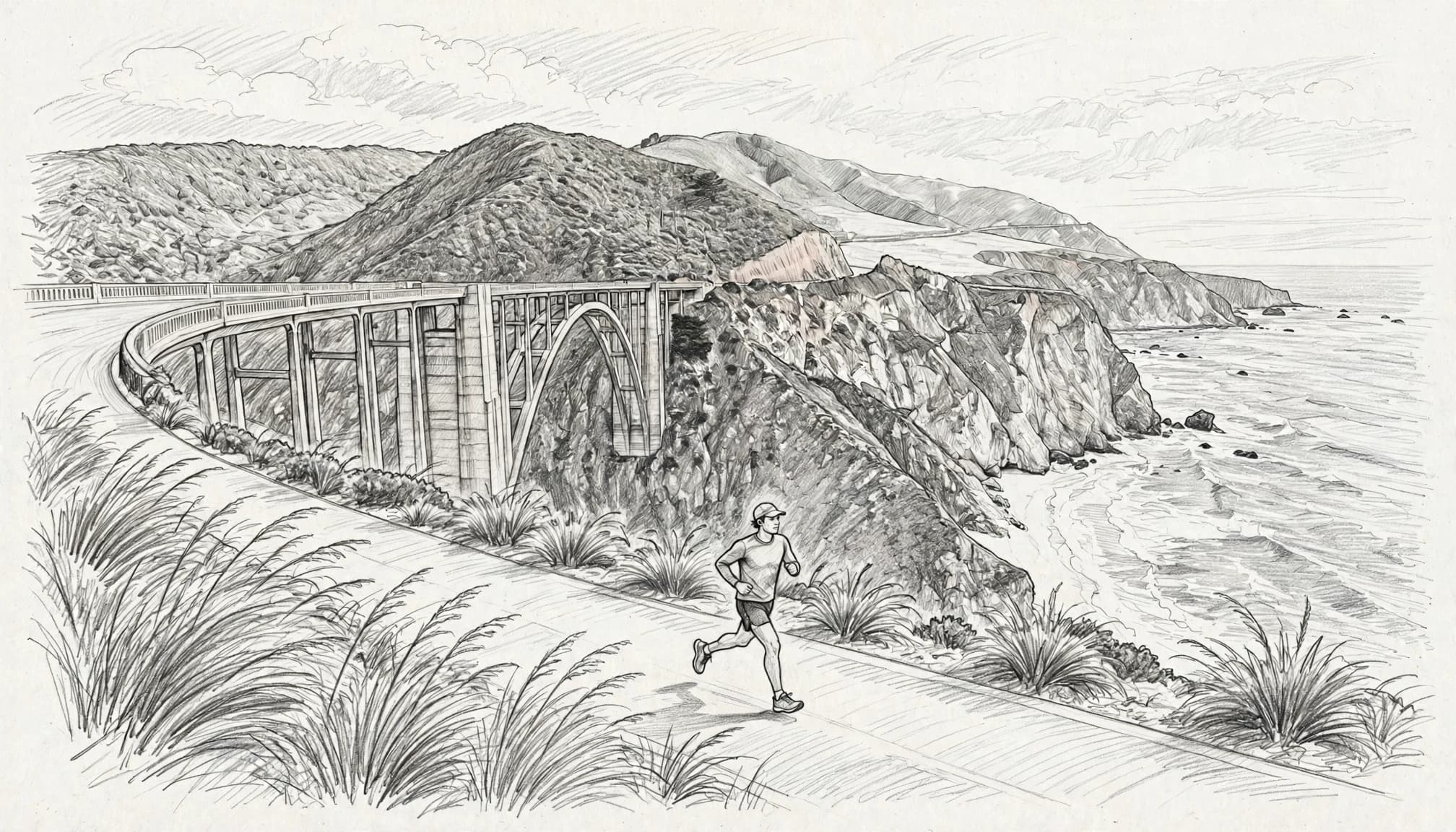 A lone runner follows a coastal road beneath cliffs and rolling hills.