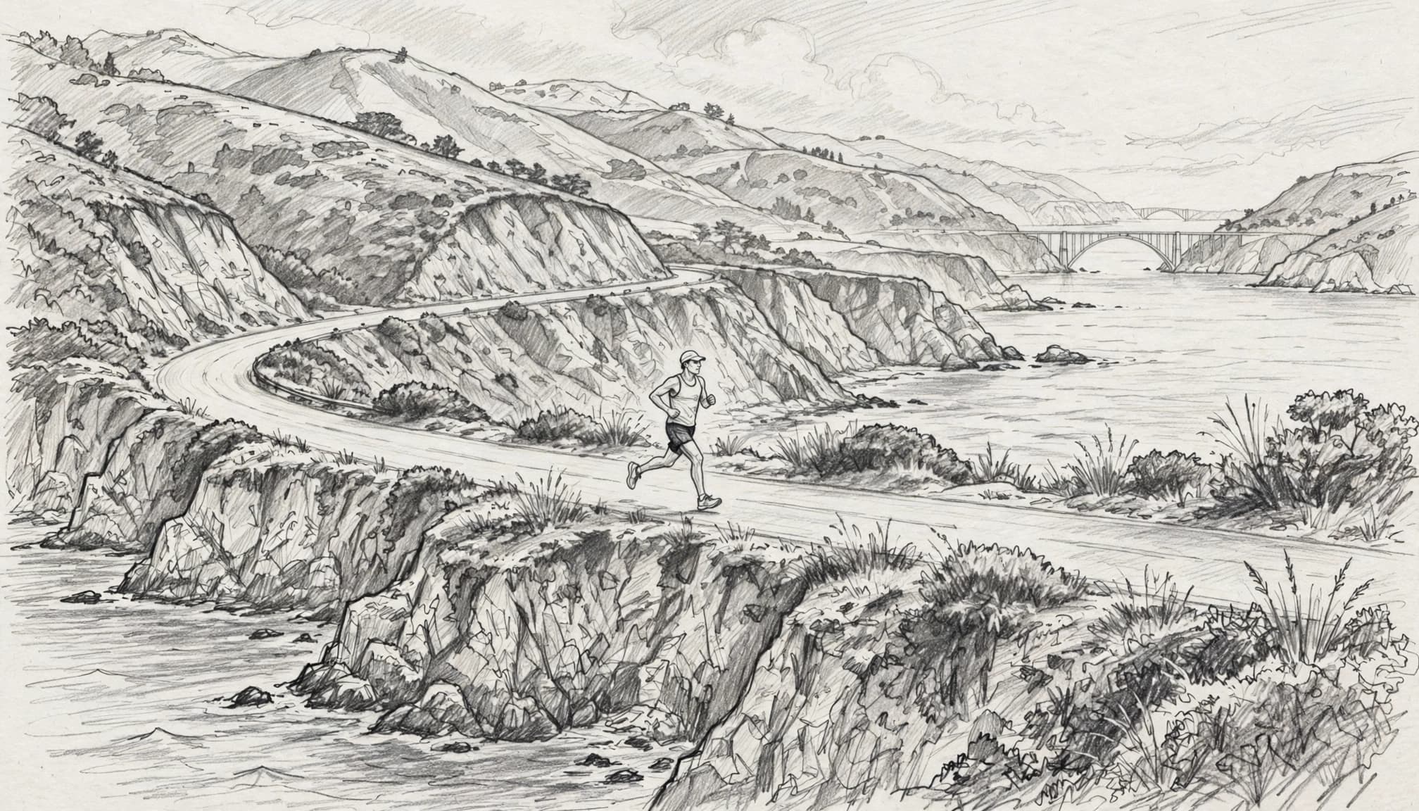 A marathon runner on a coastal road beneath cliffs and a distant arched bridge.
