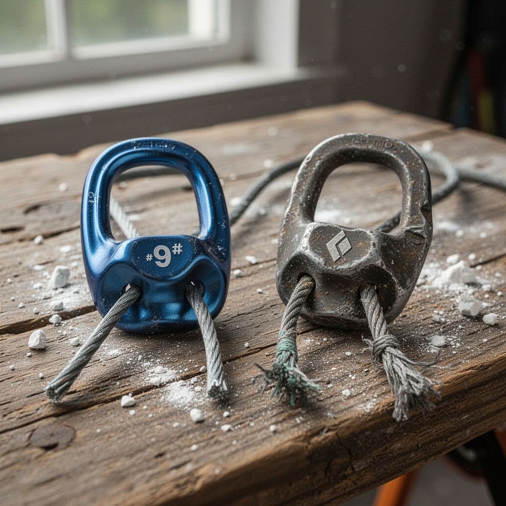 Photorealistic close-up comparison of a new blue Black Diamond offset stopper size #9 next to a worn one on a rough wooden table dusted with climbing chalk, emphasizing wear details like frayed cable and abraded edges under soft natural light.