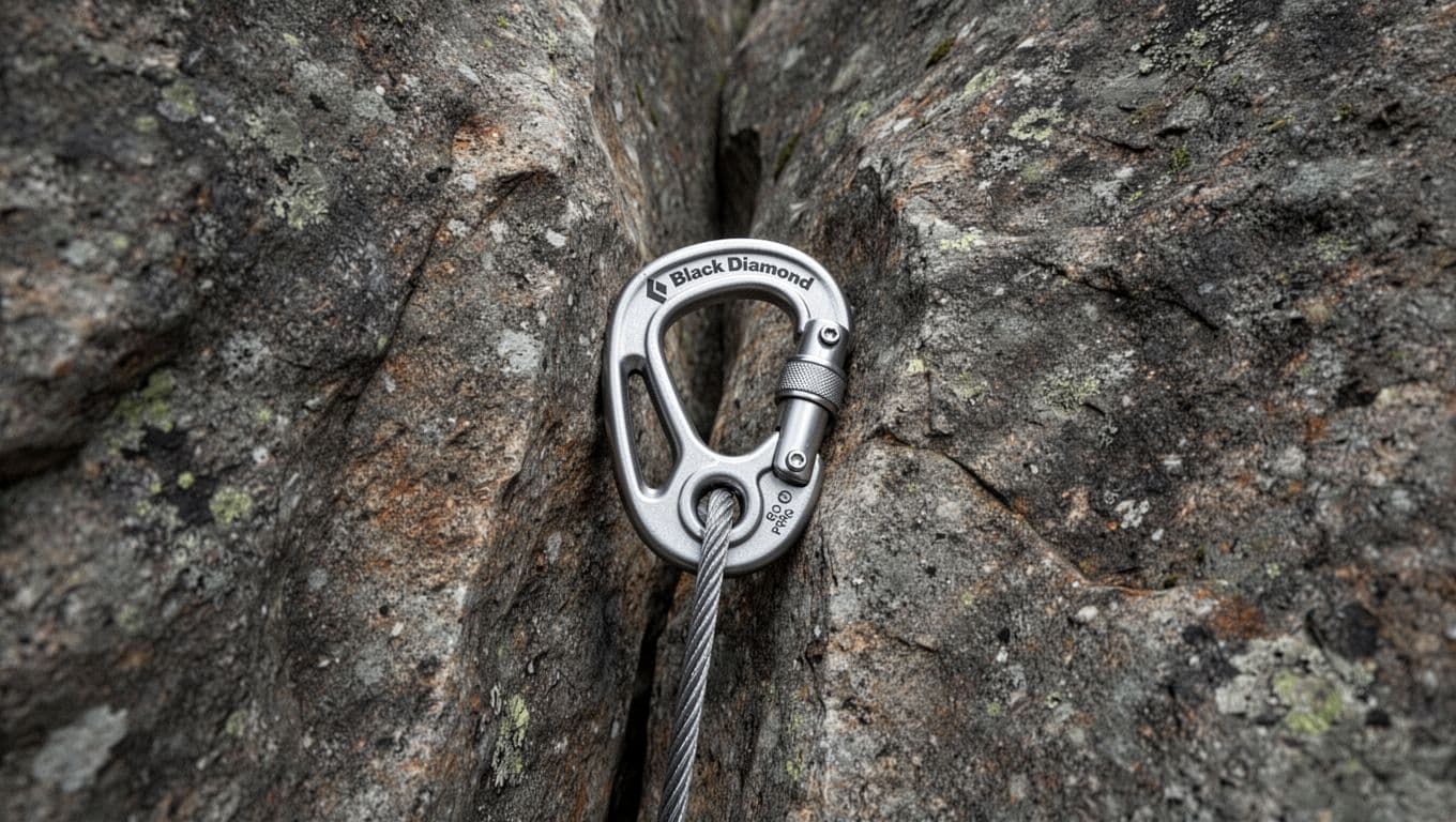 Cross-section view revealing the transverse taper of a Black Diamond Pro Stopper securely wedged in a flared granite crack, with aluminum head and steel cable, detailed realistic rendering under natural light.