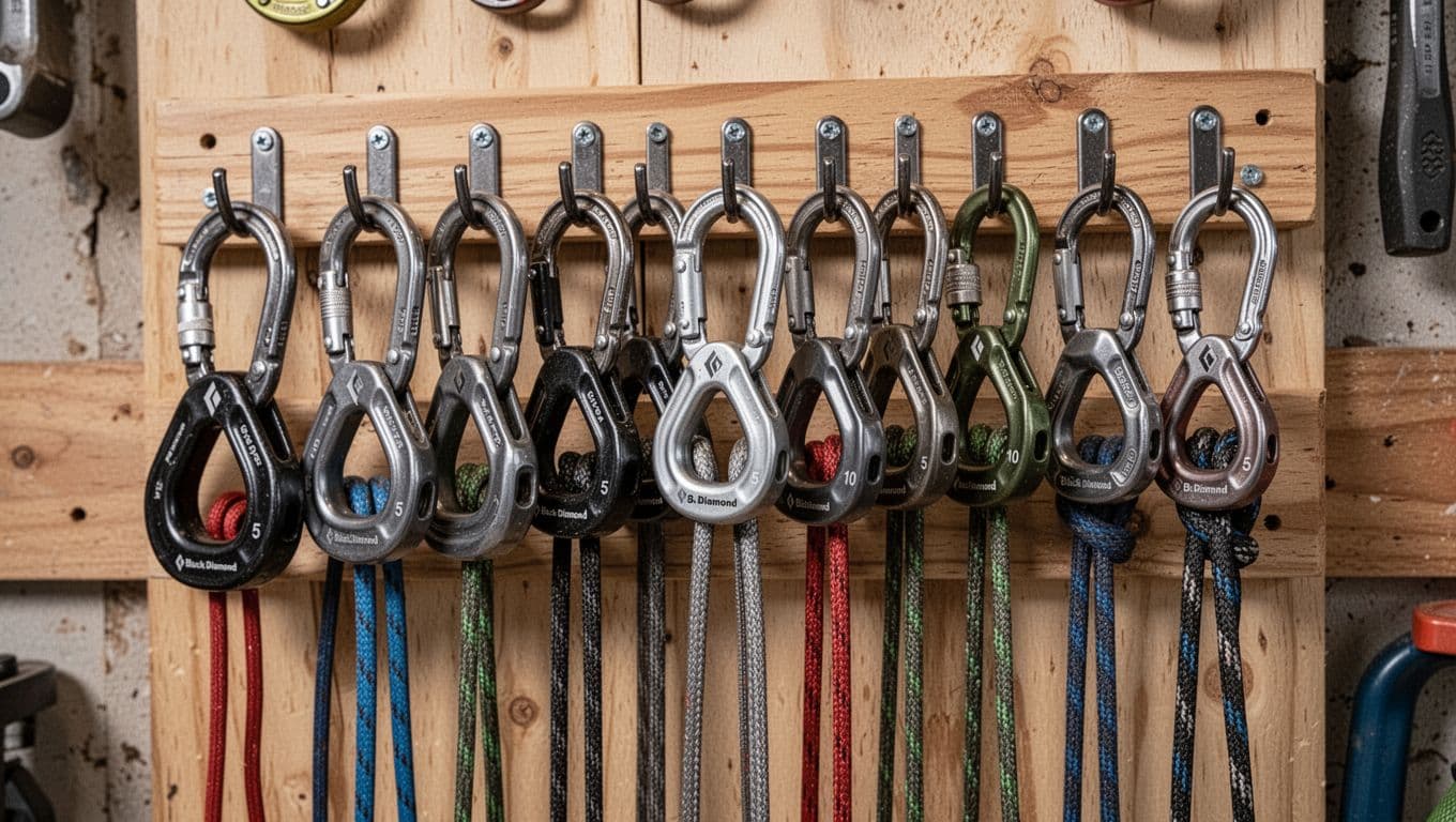 Rack of Black Diamond stoppers sizes 5 to 10 hanging neatly on a wooden gear storage board with hooks, cables straight and untangled, in natural indoor workshop light, highly detailed realistic product photography.