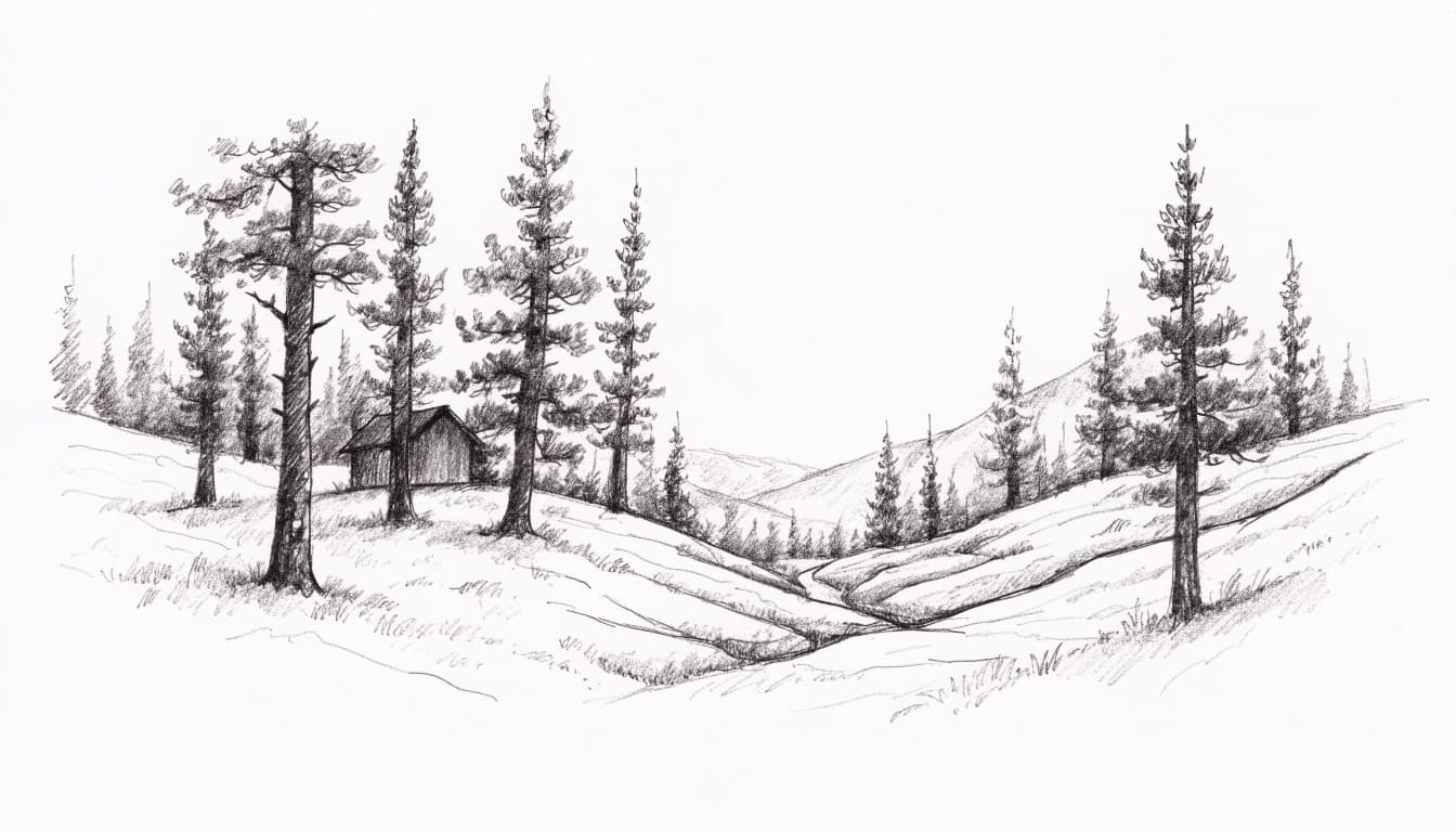 A pencil sketch of a small cabin nestled among tall pine trees in a hilly landscape.