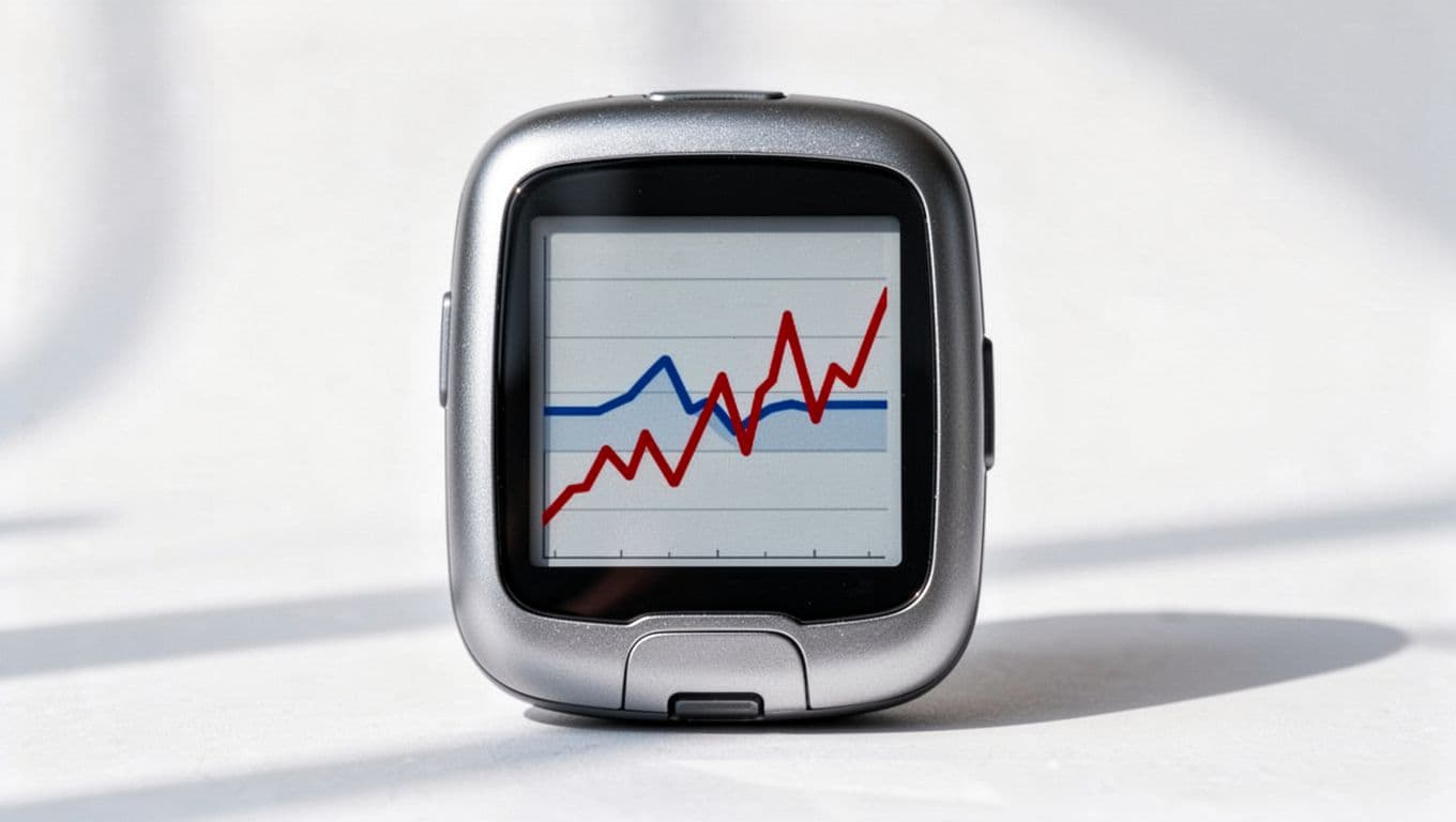Illustration of a glucose meter screen displaying a smooth steady line for sugar-free snacks contrasted with sharp spikes and crashes for sugary snacks, in a realistic medical device style.