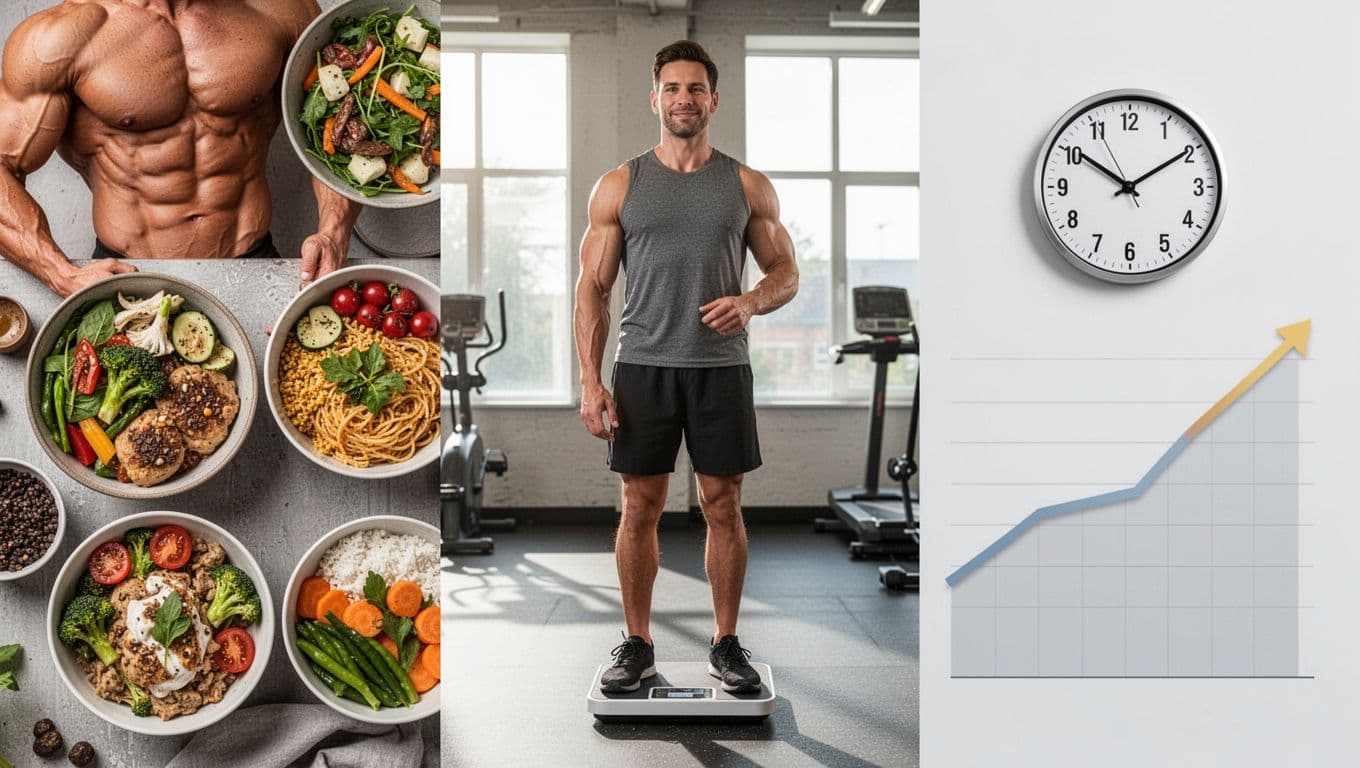 Balanced scale in gym showing body recomposition pros like strong muscles and flexible meals against cons like prep time and plateaus, realistic style with one relaxed person.