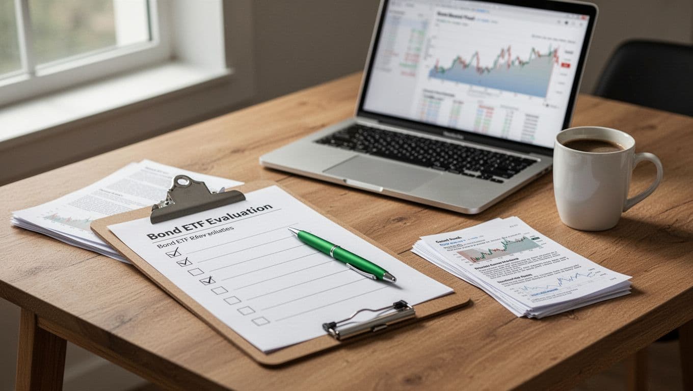 Photorealistic image of a clean wooden desk with a clipboard holding a blank checklist for bond ETF evaluation, green pen, small stack of bond documents, open laptop with blurred fund chart, coffee mug, and natural side window light. No people, no readable text, high detail and sharp focus.