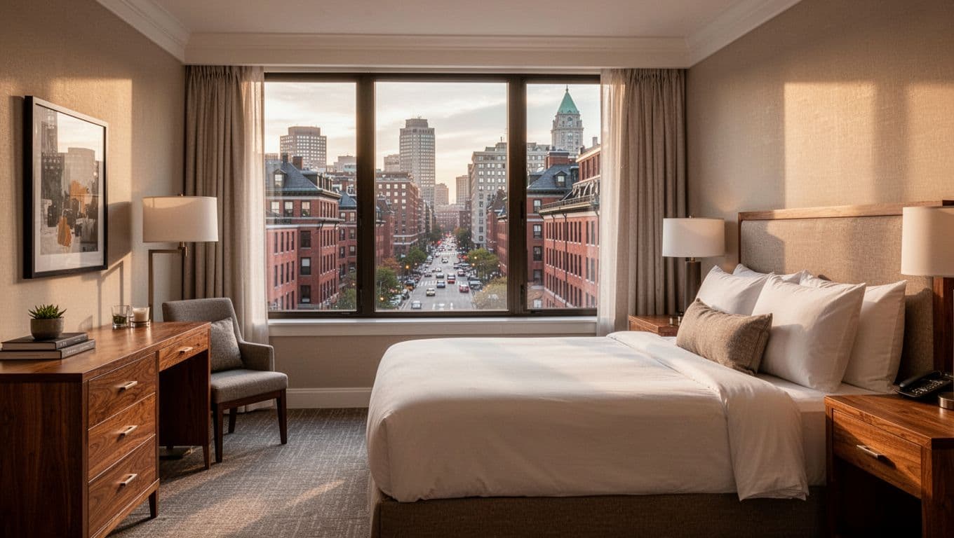 A modern hotel room with a cozy bed and wooden furniture overlooking city streets.