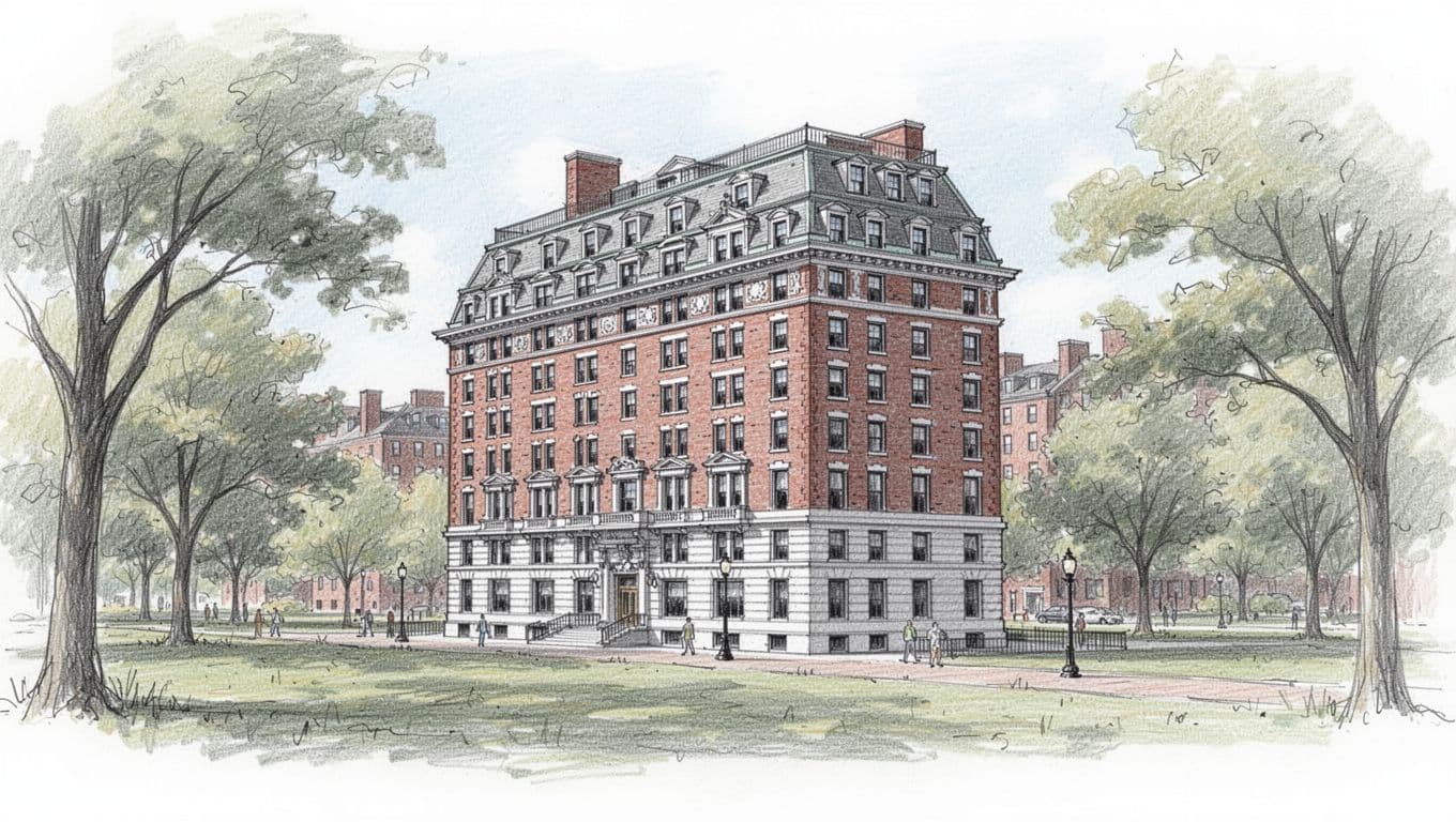 A graphite sketch of a historic Boston hotel building on a white background.