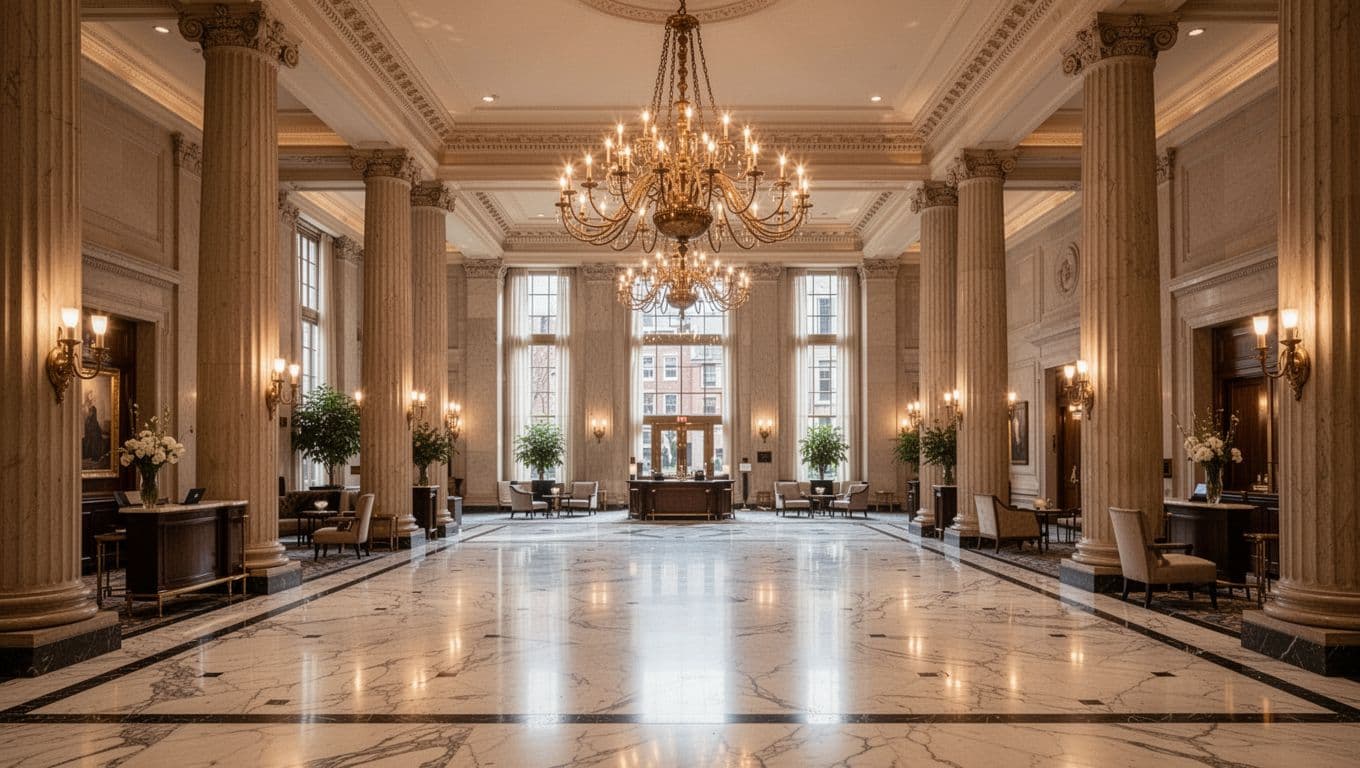 An empty upscale hotel lobby with marble floors, warm lighting, and classic architectural details.