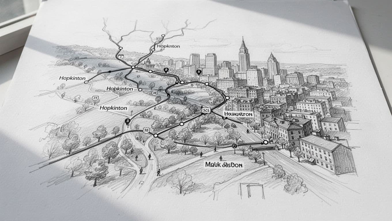 A detailed graphite sketch of the marathon route mapped out on clean white paper.