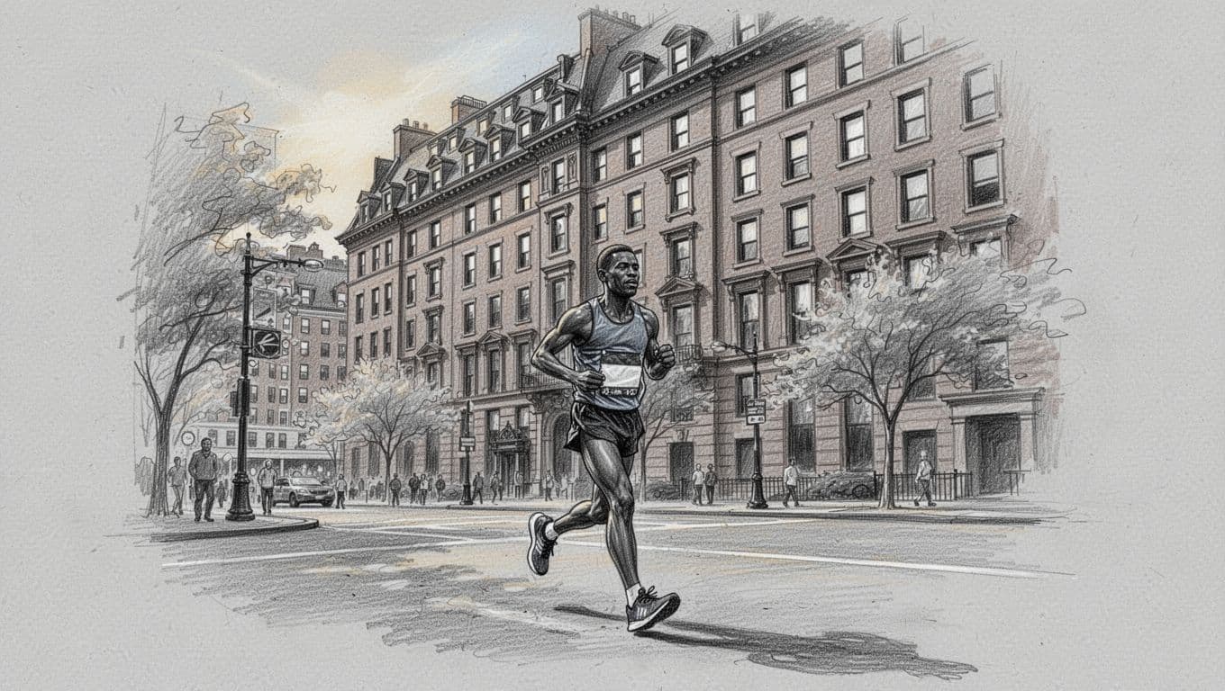 A graphite sketch of a runner walking past historic Boston brownstones.
