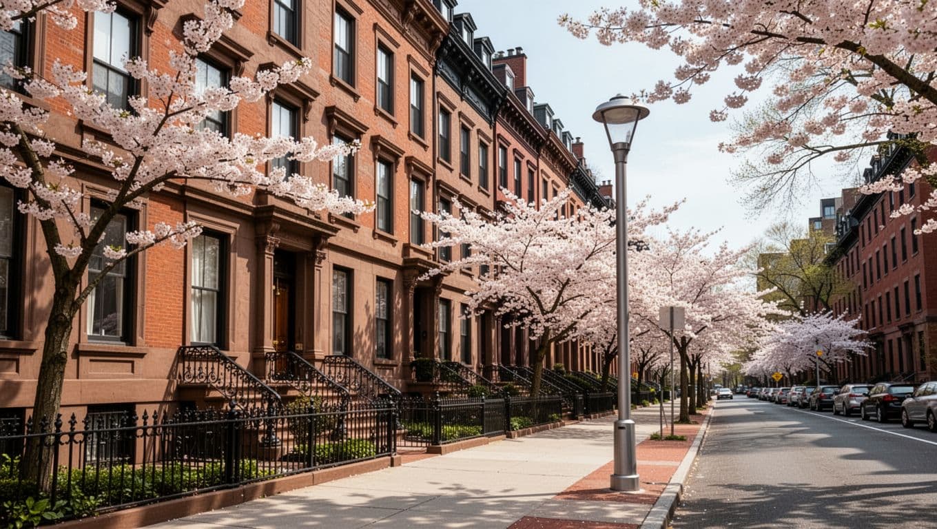 Cherry blossoms bloom along a clean sidewalk lined with historic Boston brownstone buildings.