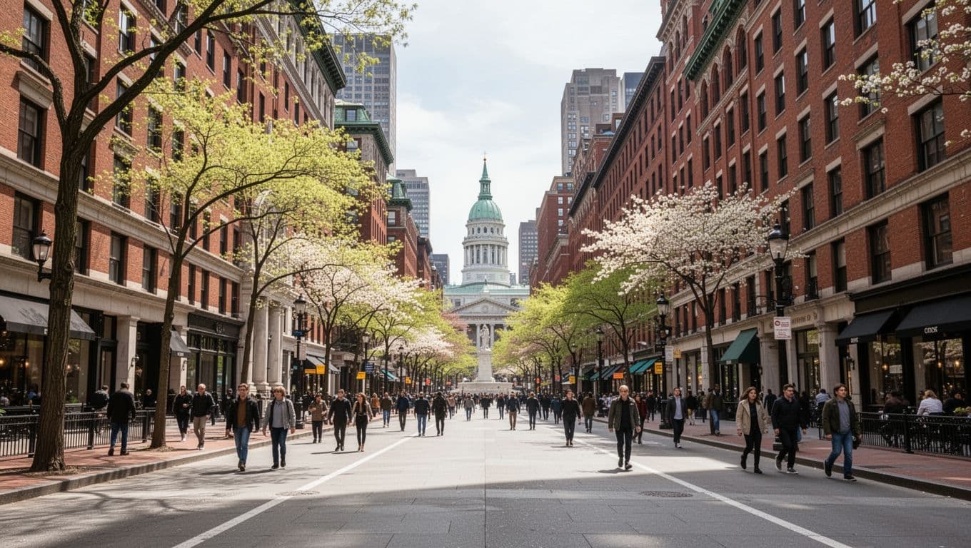 People walking on wide sidewalks past historic brick buildings in Boston during spring.