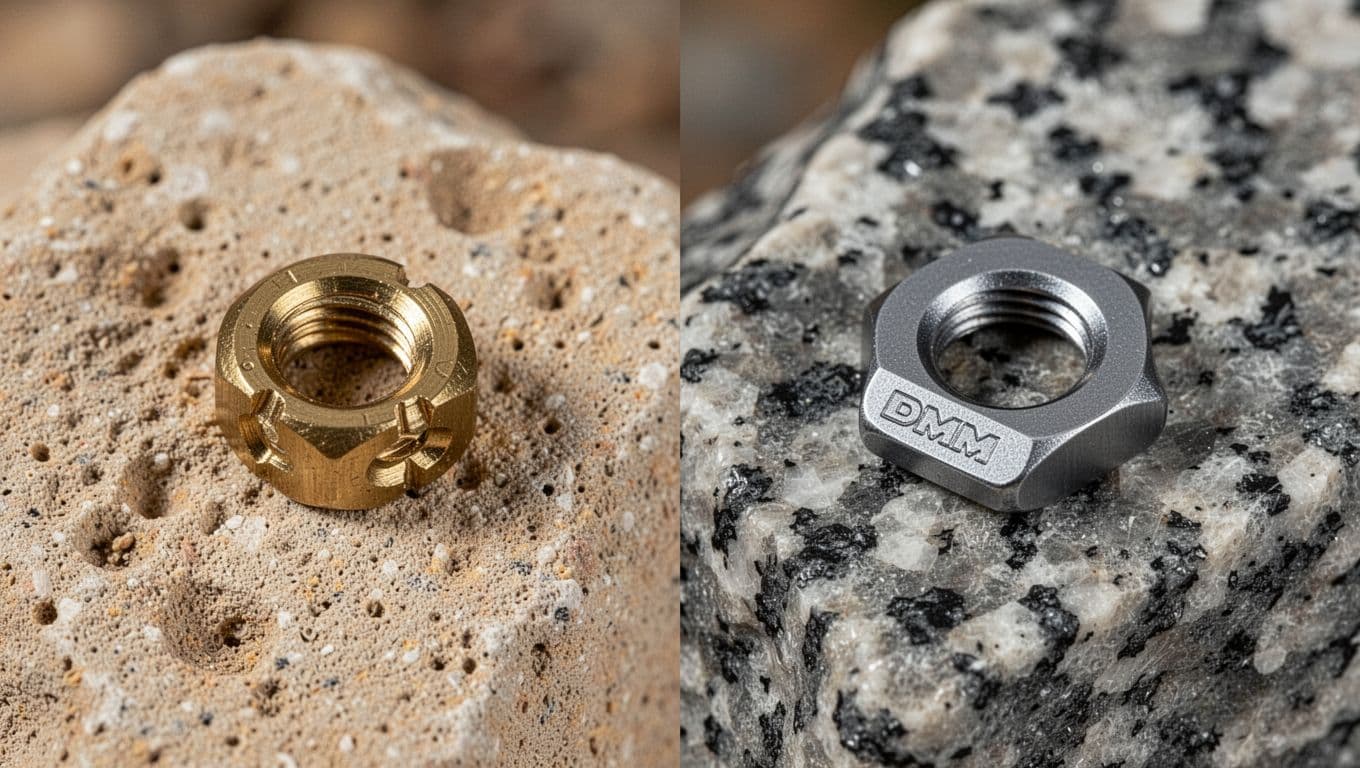 Close-up side-by-side comparison of a brass micro nut deformed in soft sandstone and an alloy DMM Peenut with clean edges in compact granite, under natural indoor lighting with detailed textures.