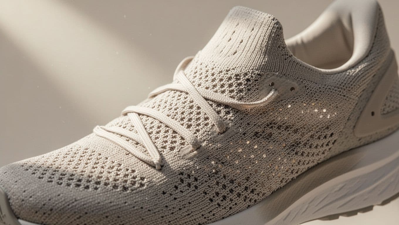 A close-up view of a lightweight grey synthetic fabric upper on an athletic shoe. Fine weave patterns and reinforced stitching create a flexible surface designed for maximum comfort and foot support.
