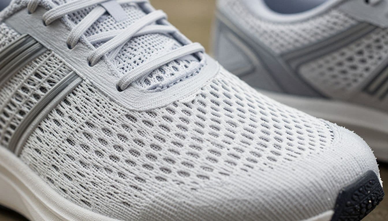 The intricate woven fibers of a lightweight athletic sneaker are displayed in close-up detail. Soft natural light flows across the flexible ventilation holes, demonstrating the shoe's adaptive and ergonomic fit.
