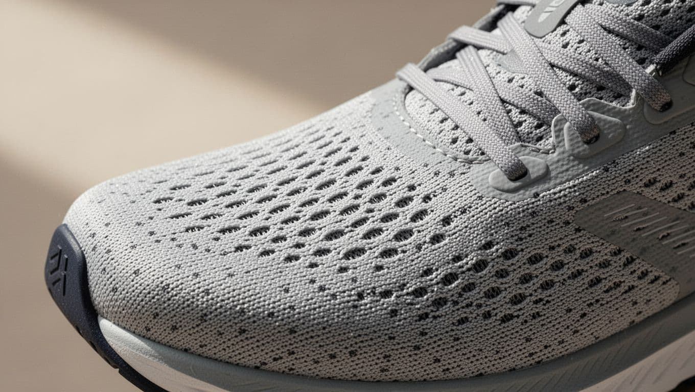 A detailed close-up shot highlights the intricate, lightweight woven fabric pattern of a neutral sneaker. Soft natural light emphasizes the porous ventilation holes designed for optimal airflow during intense athletic activity.