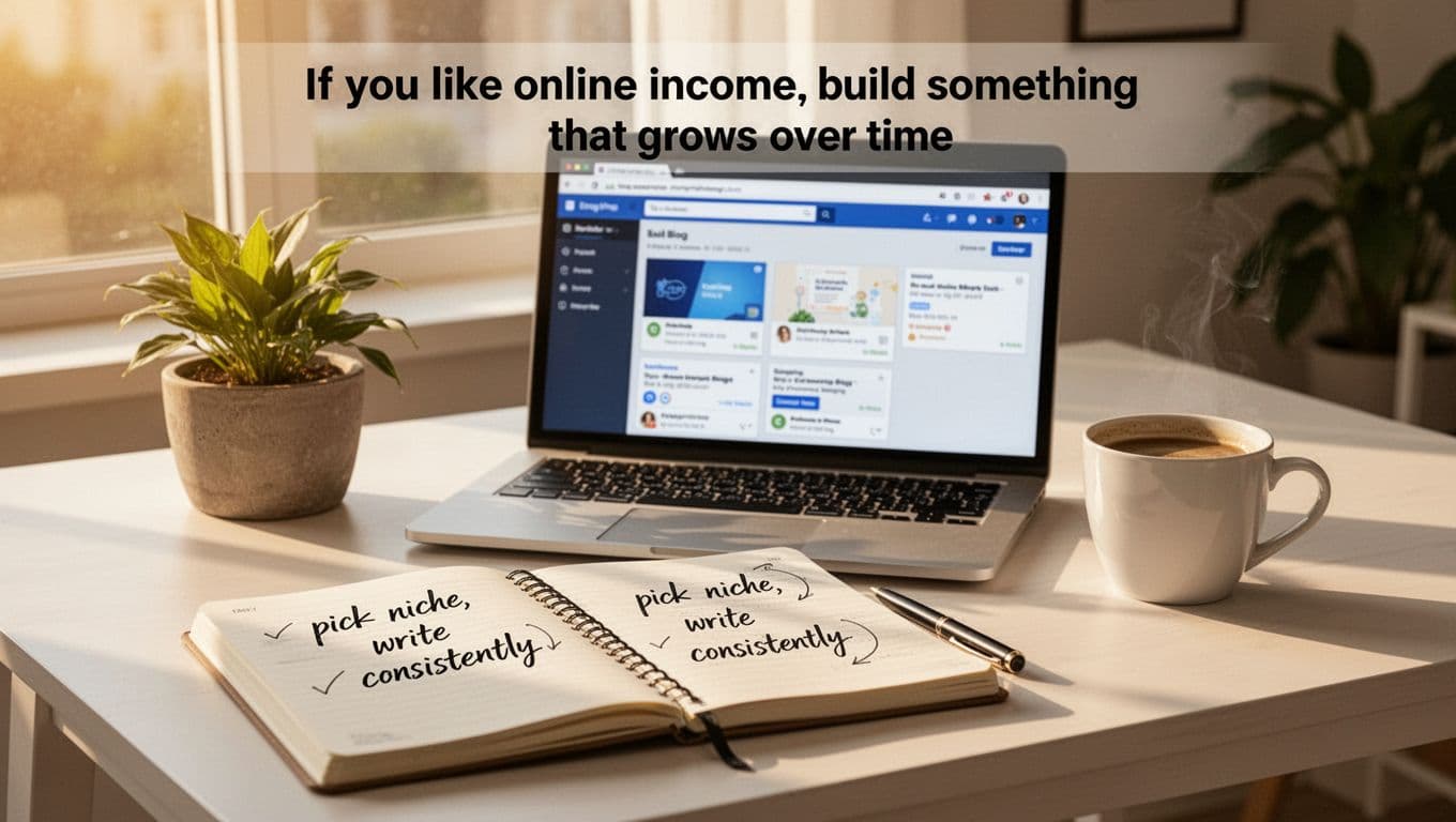 Bright home workspace desk with laptop showing subtle blogging dashboard, open notebook on niche and consistency notes, potted plant and coffee, warm afternoon light, realistic landscape photo, no people.