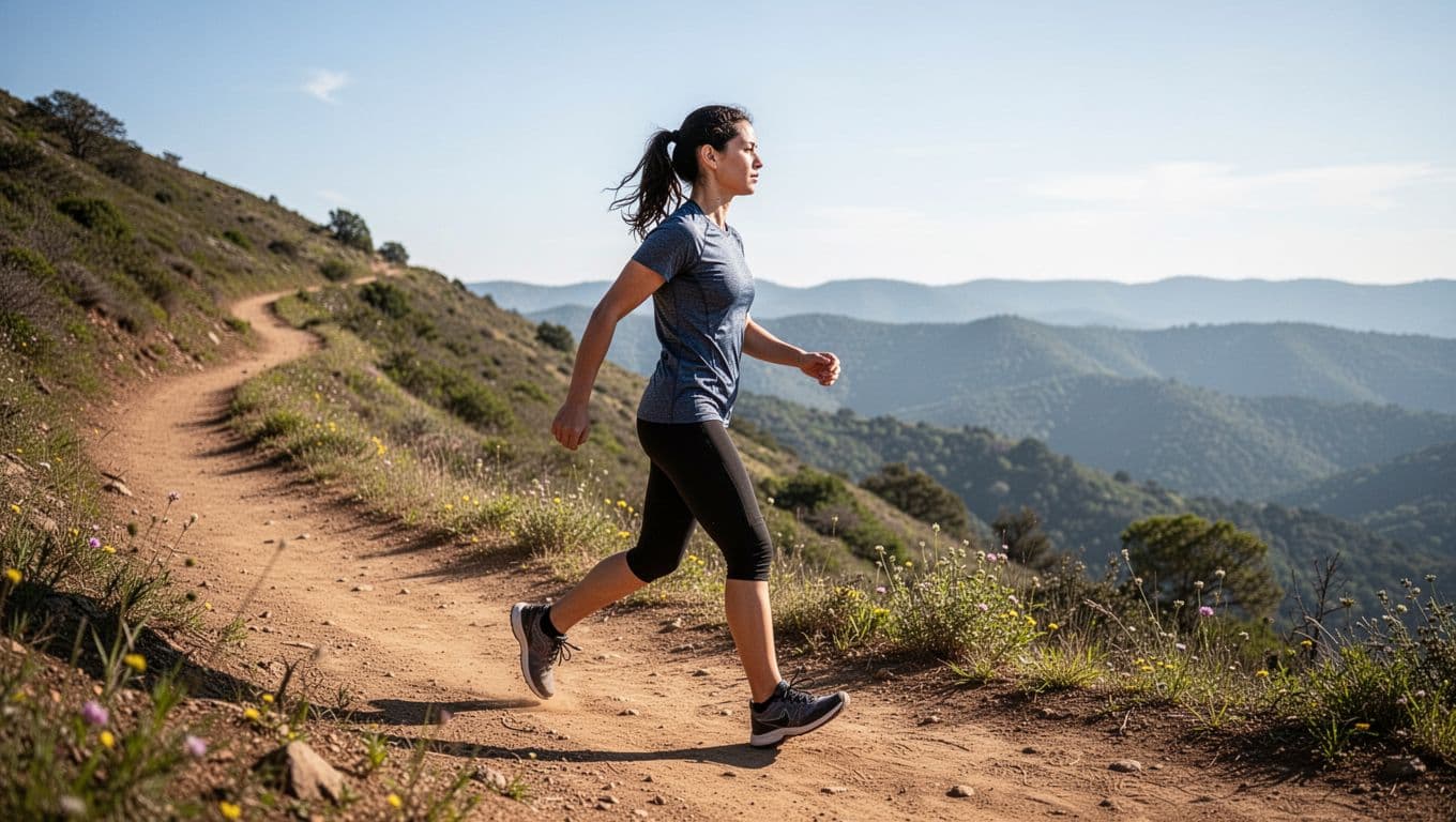 A person walks briskly uphill on a scenic dirt trail with tall posture and natural arm swing, shown in dynamic side profile view under vibrant daylight with even lighting.