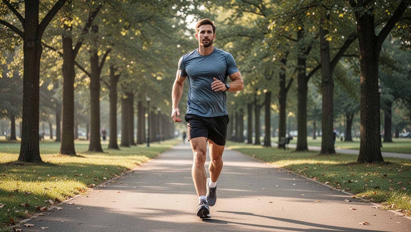 Fit adult with energetic stride and good posture briskly walks on a tree-lined park path in athletic casual wear under morning natural light.