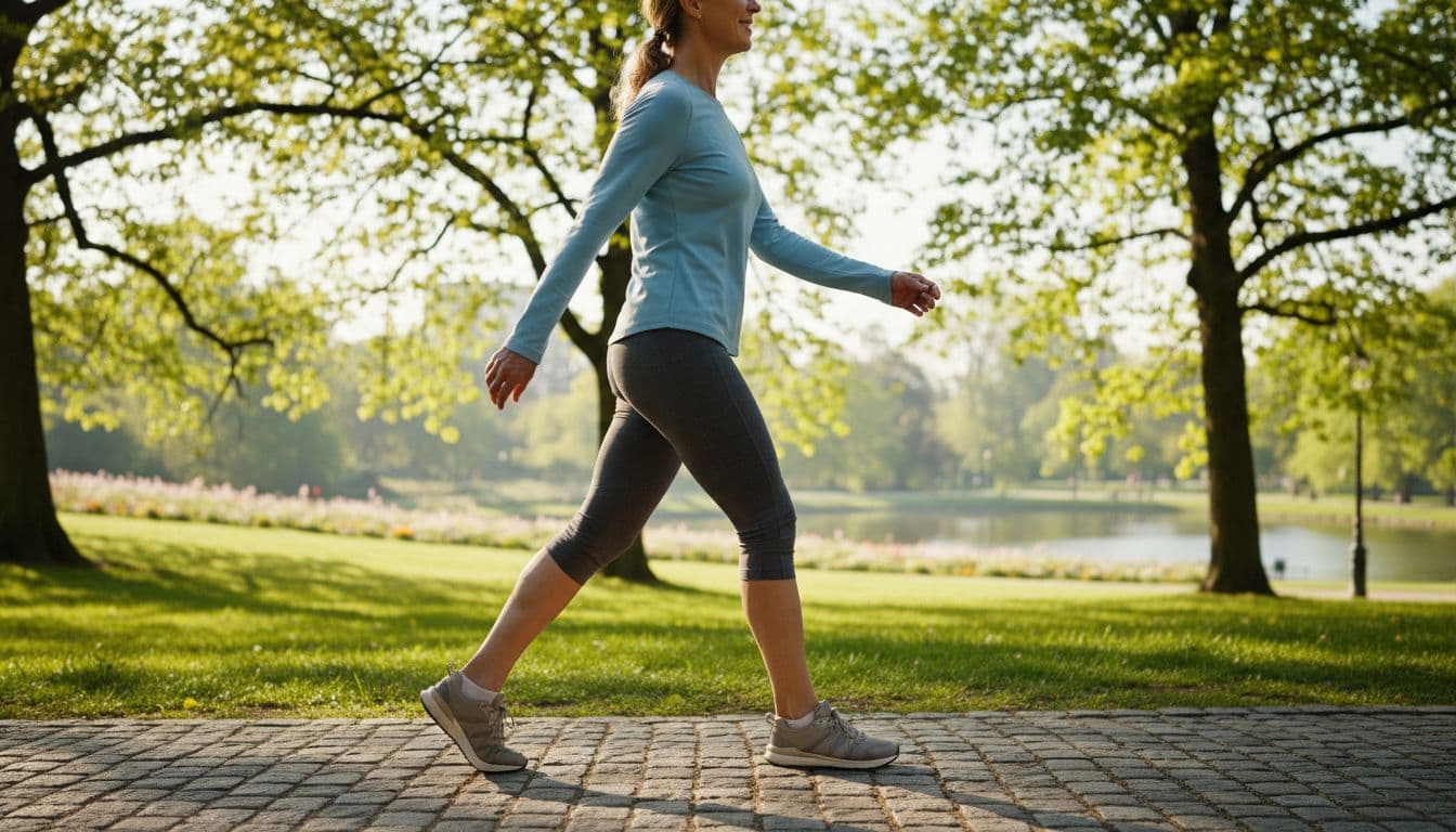 Active middle-aged adult walking briskly on a sunny park path with comfortable stride, relaxed posture, and smooth leg movement in a natural outdoor setting.