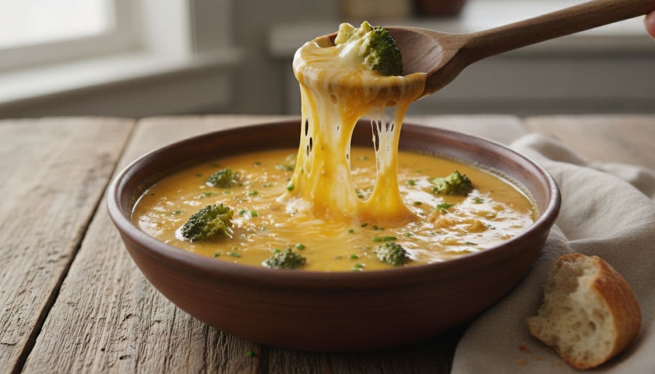 Rich bowl of broccoli cheddar soup with melted cheese pull and green broccoli florets visible, wooden spoon in bowl on simple rustic table with soft natural light.