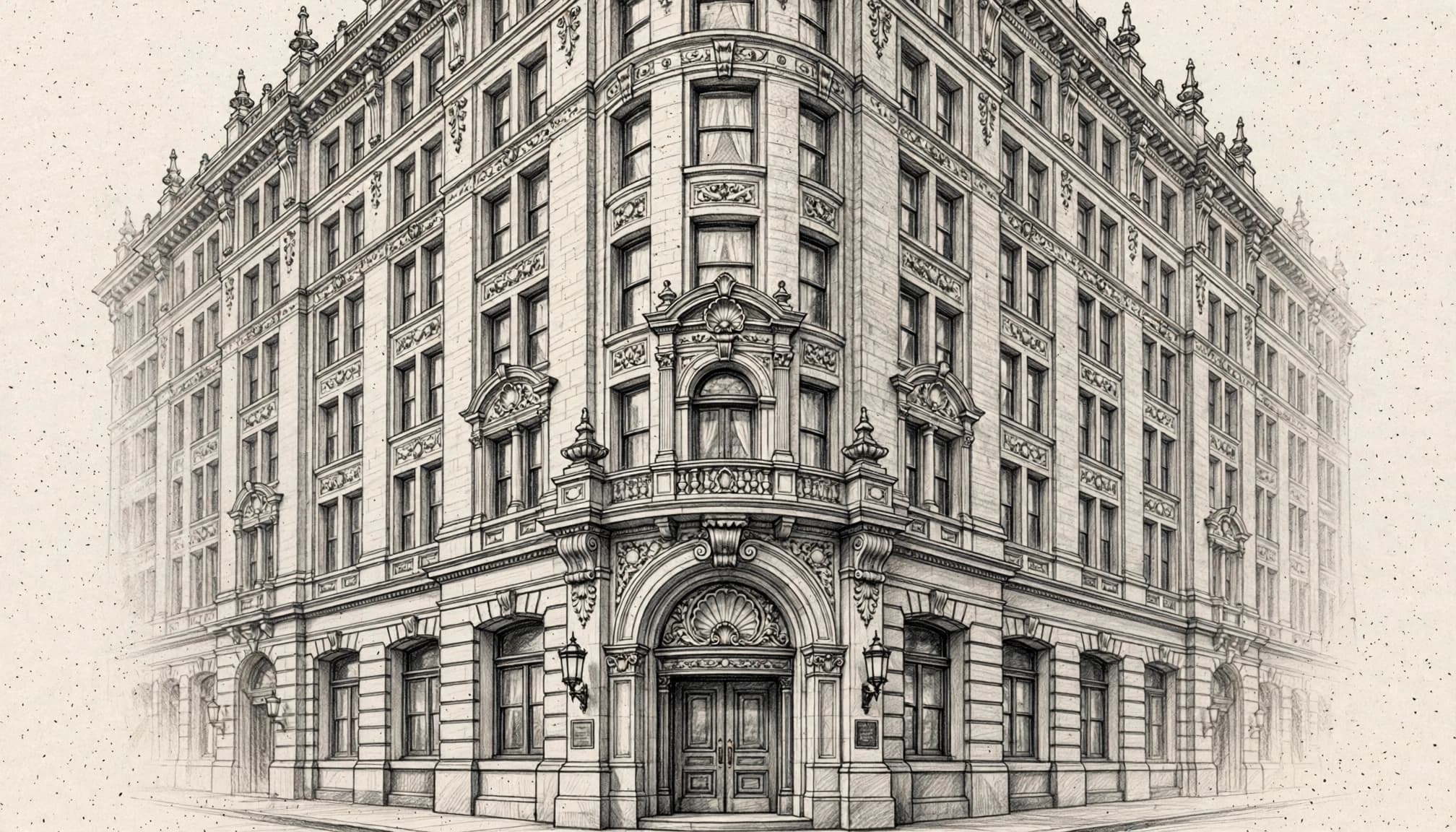 A historic Denver hotel facade with ornate stonework and a grand entrance.