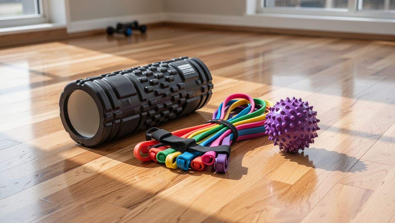 A dark blue foam roller, coiled multicolored resistance bands, and a firm rubber massage ball are neatly placed on a smooth, light-toned gym floor bathed in soft, natural morning sunlight.