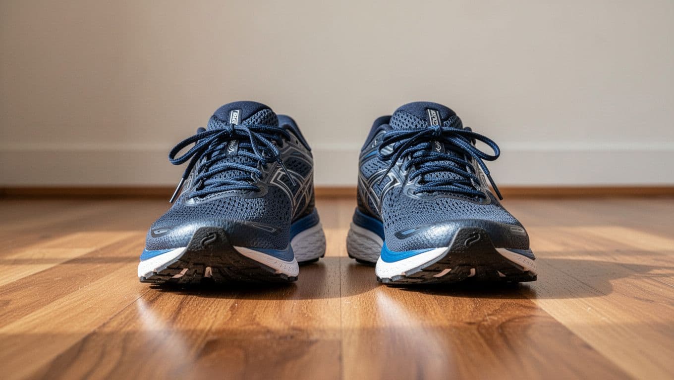 Two distinct athletic running shoes rest side by side on a polished wooden floor. The clean setup highlights the different material textures and structural designs of each budget-friendly footwear option.