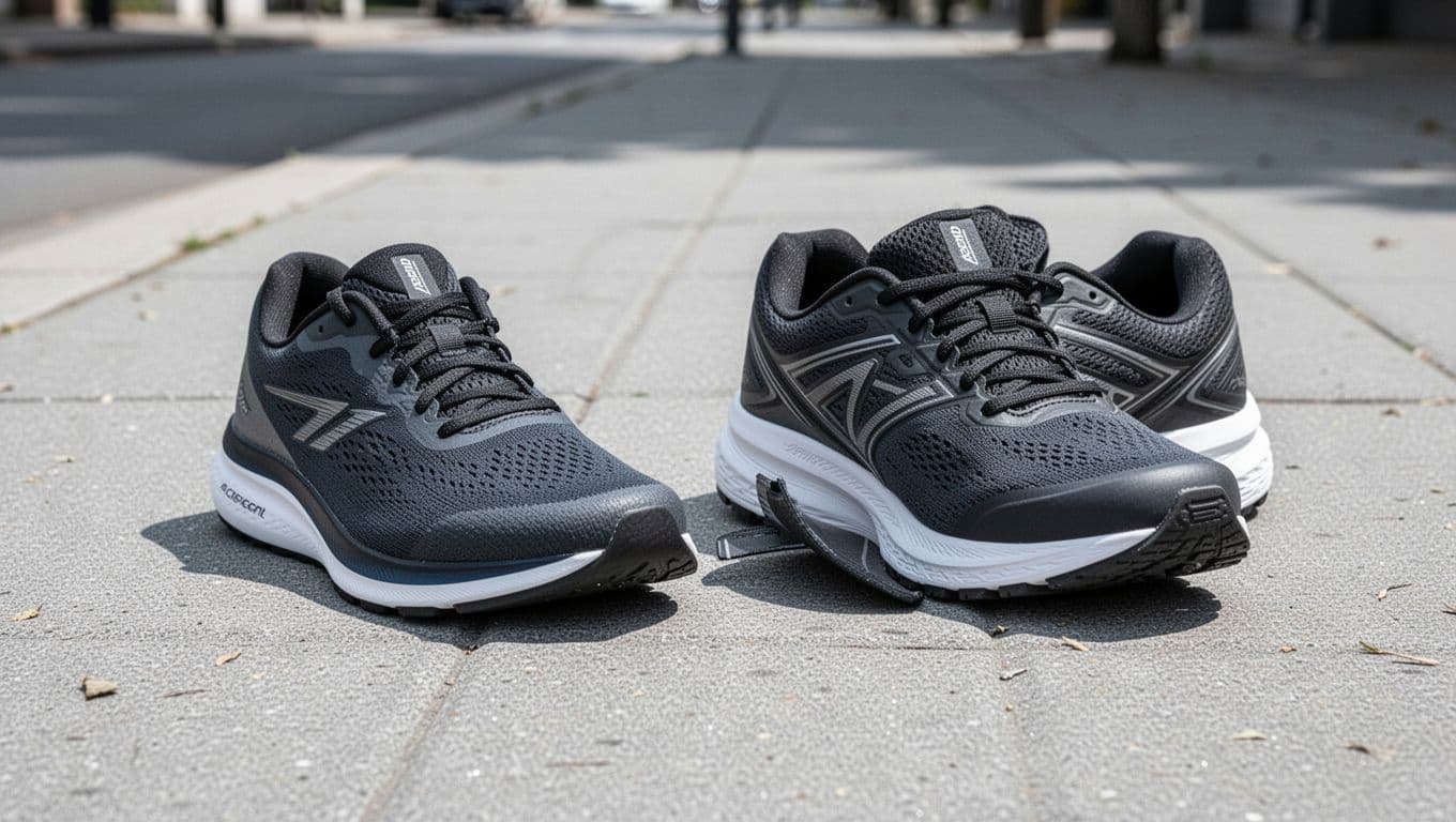 A pair of diverse entry-level athletic shoes rests on a smooth concrete pavement. The sleek neon trainer sits next to a rugged mesh sneaker, highlighting distinct design choices for value-conscious runners.