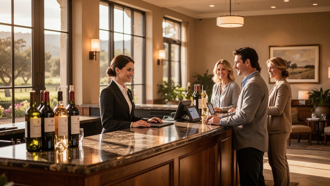 A concierge assists arriving travelers at a polished wooden desk inside a luxury lobby. Warm ambient lights illuminate the scene as guests wait patiently while clutching their travel luggage and gear.