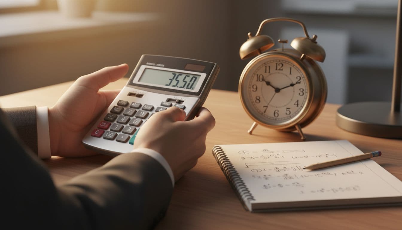 Hands holding a calculator on a desk next to an alarm clock and notepad with math scribbles, emphasizing time and money management in a warm office setting.