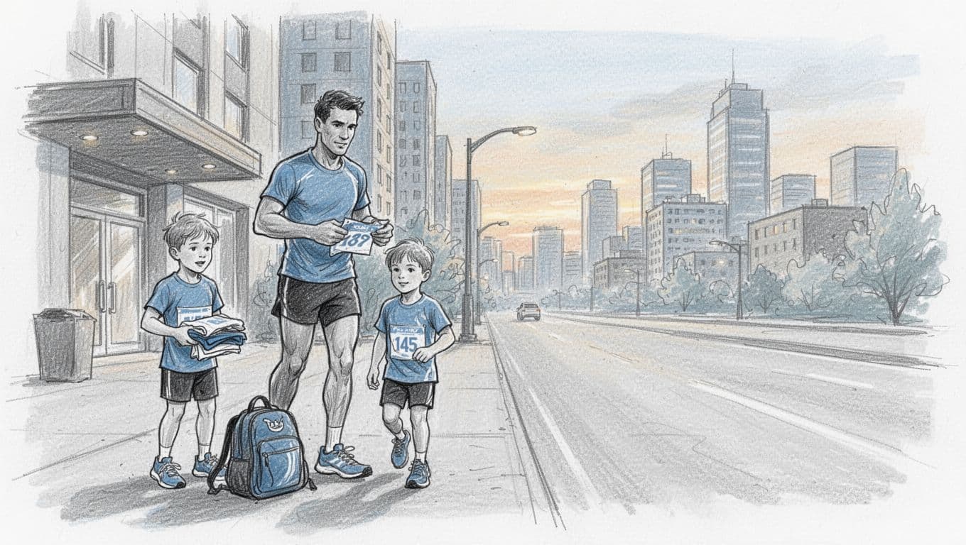An adult and two children prepare beside a hotel entrance.