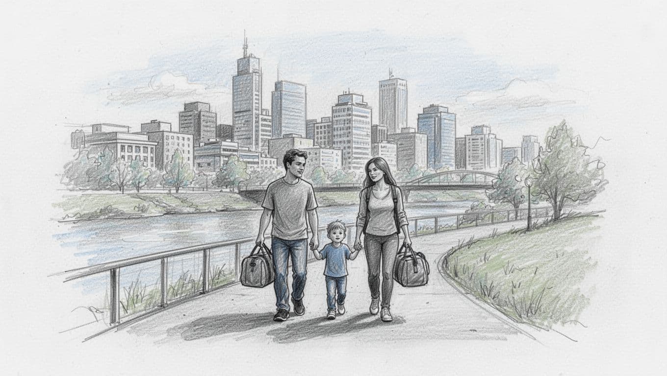 Two adults and a child walk beside Calgary's riverfront with overnight bags.