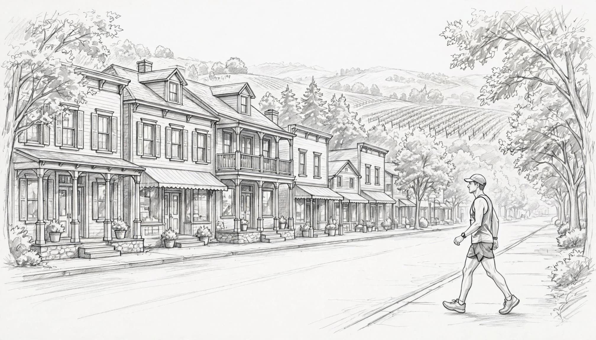 A lone runner walks past downtown inns toward distant vineyard hills.