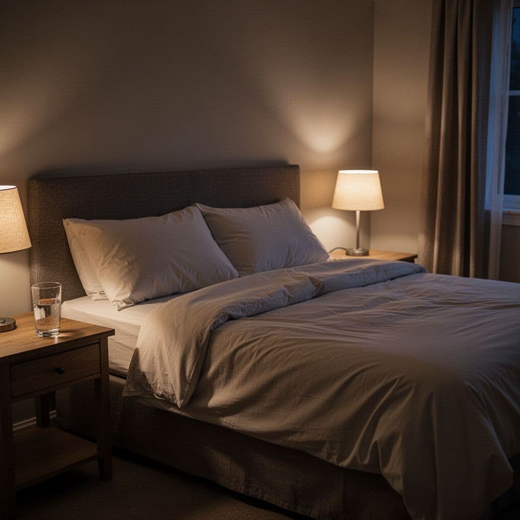 A dimly lit bedroom features a comfortable bed and a glass of water on the nightstand.