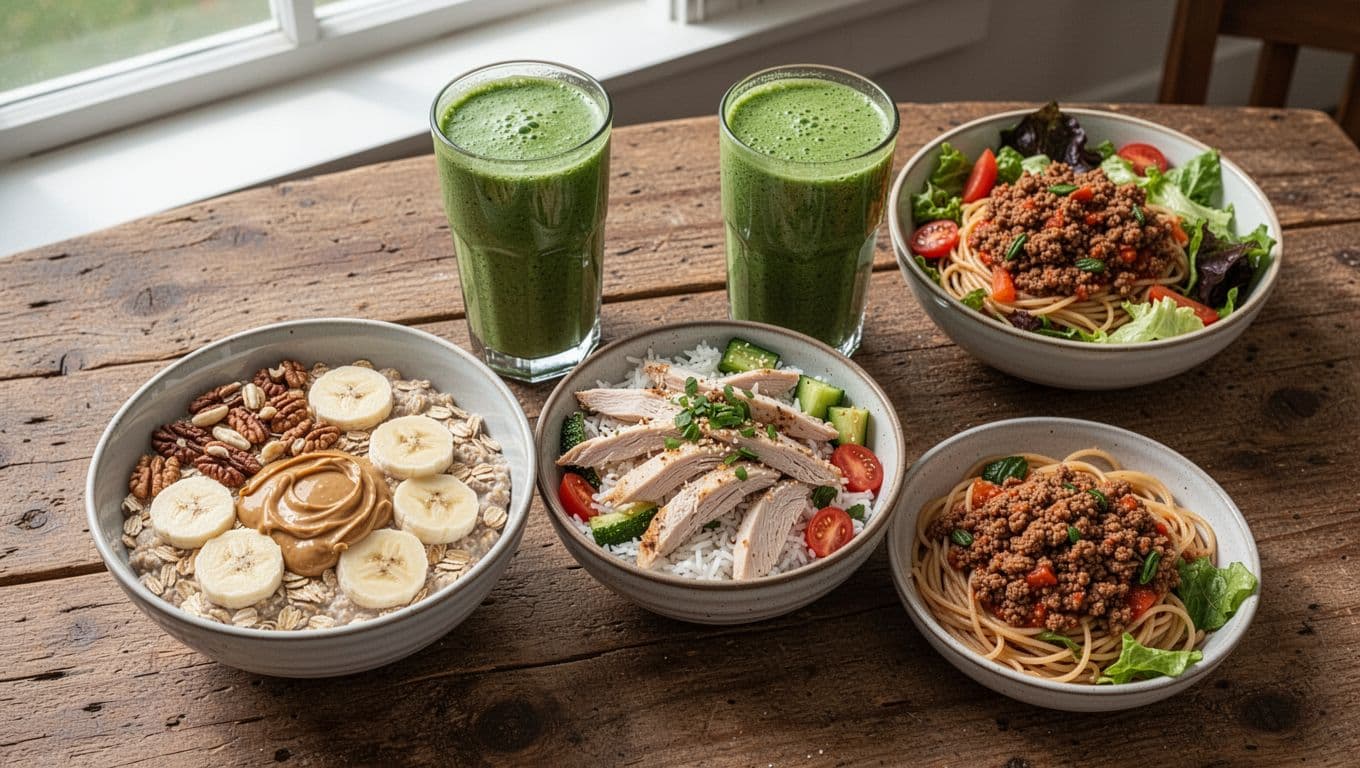 Top-down view of colorful, calorie-dense meals for runners on a rustic wooden table, including oatmeal with nuts and peanut butter, green smoothie, chicken rice bowl, pasta with meat sauce, and fresh salad.