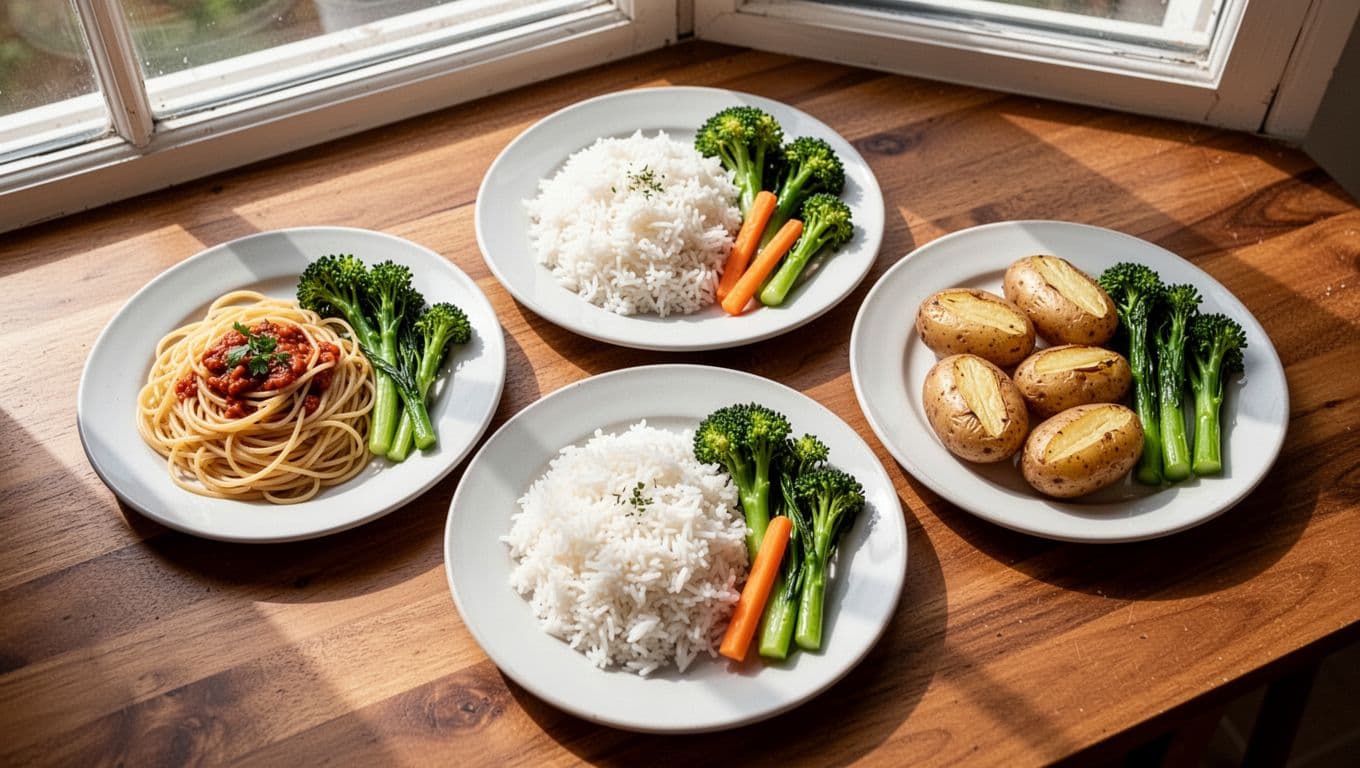 Appetizing plates of cooked pasta, white rice, and baked potatoes on a wooden table with fresh steamed vegetables on the side, captured in photorealistic top-down food photography with natural window light.