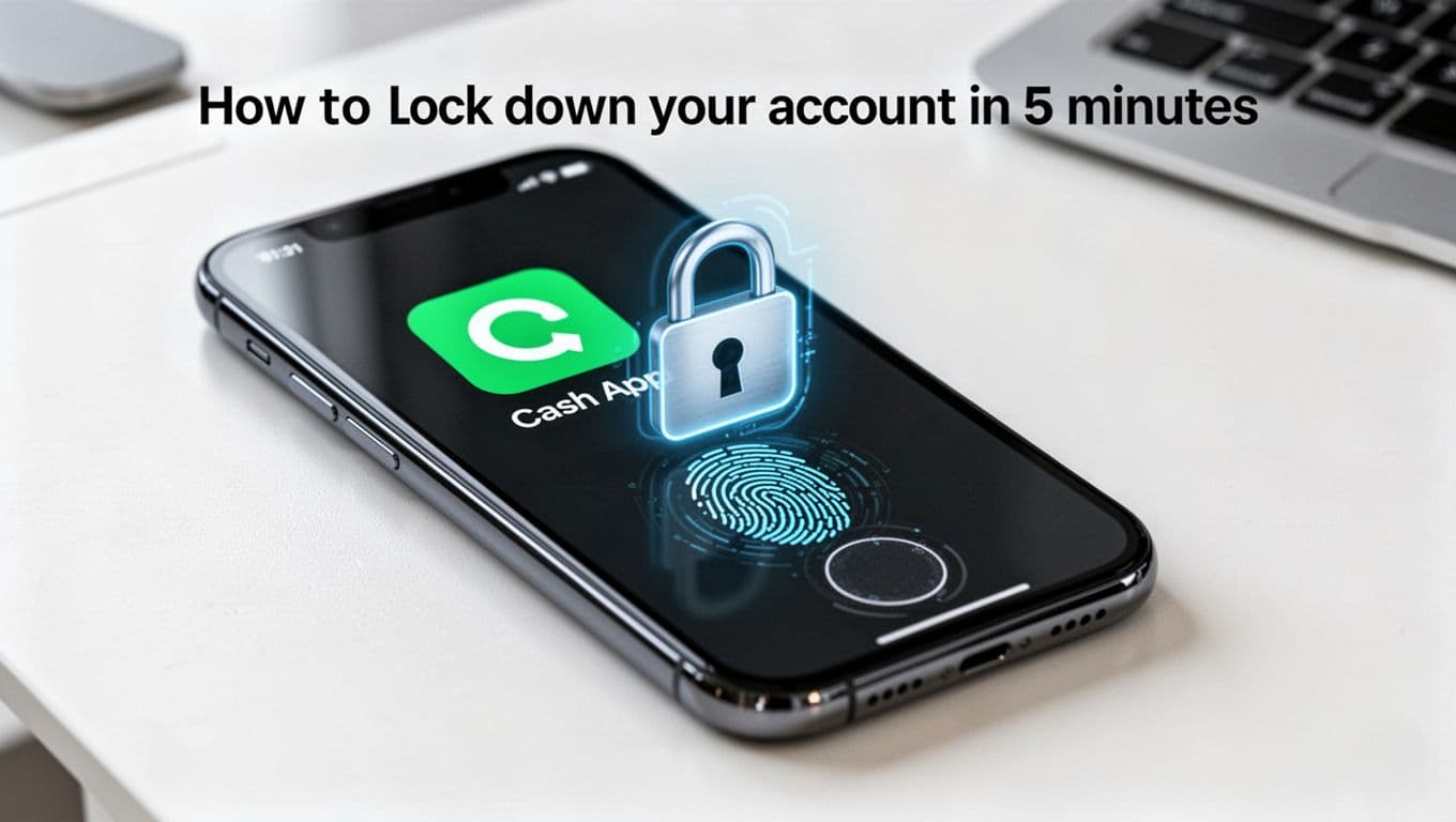 Close-up of a smartphone featuring the Cash App icon overlaid with a padlock security symbol and an active biometrics fingerprint scanner, set against a clean modern desk background.