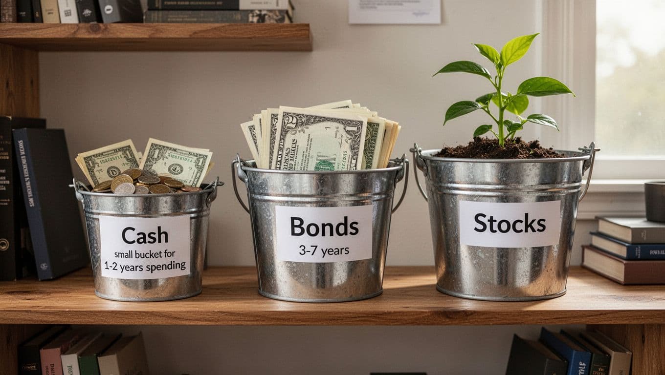 Three labeled buckets on a wooden shelf in a home office depict an investment strategy: small cash for 1-2 years, medium bonds for 3-7 years, and large stocks with growing plant for long-term growth, in realistic photography style.