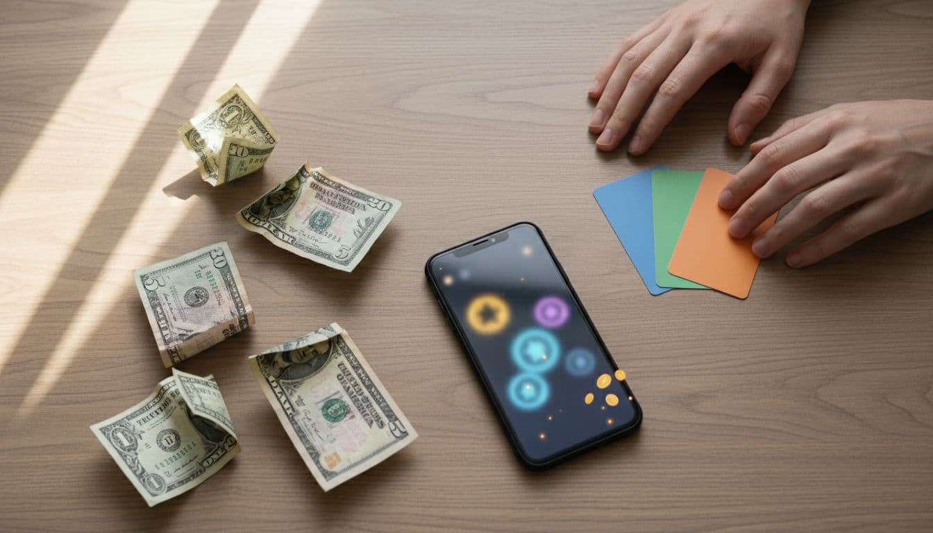 Top-down close-up of a wooden desk with scattered US dollar bills, neatly stacked colorful gift cards, a smartphone displaying a blurred rewards app screen, and subtle glowing coin icons, lit by natural side window light in photorealistic style.