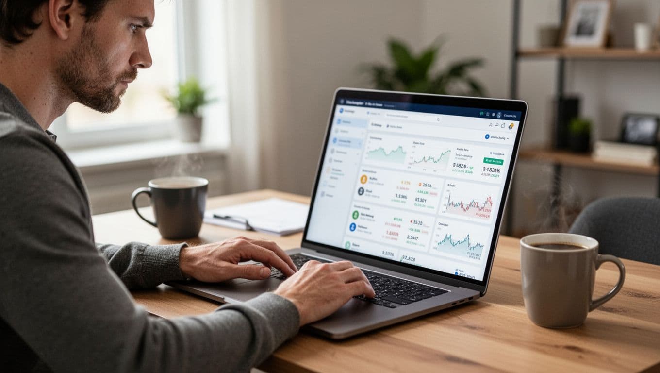 A cautious investor at a home desk seriously reviews cryptocurrency token details on a laptop blockchain explorer, with a modern setup including a nearby coffee mug, captured in realistic photography under natural daylight.