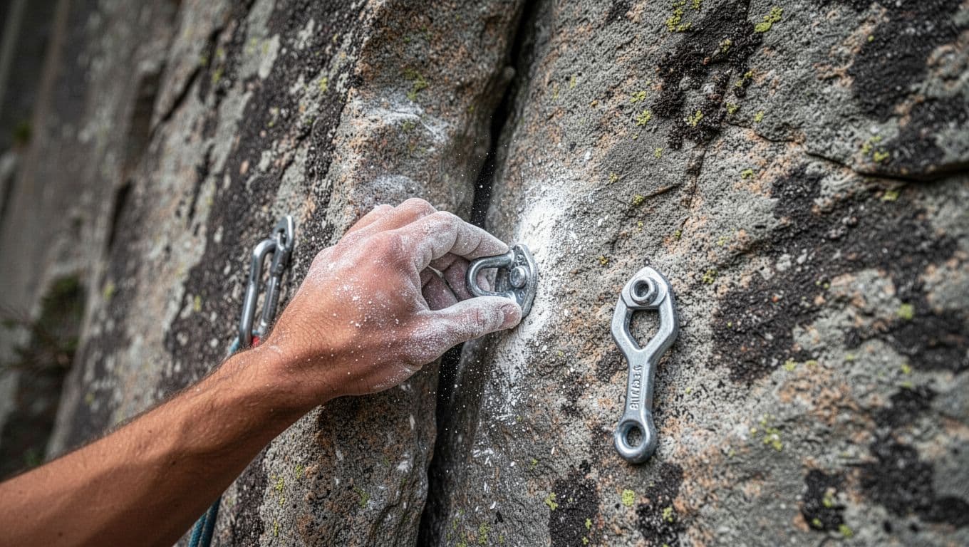 Climber's chalked hand inserting a passive nut into a narrowing V-shaped granite crack constriction on an outdoor cliff face, with firm downward tug and detailed textures.