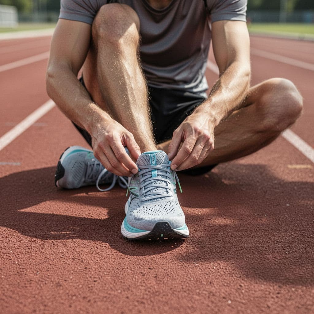A runner sits on a textured track surface, using both hands to press down on the toe box of a lightweight racing sneaker to ensure proper sizing and comfortable foot placement.