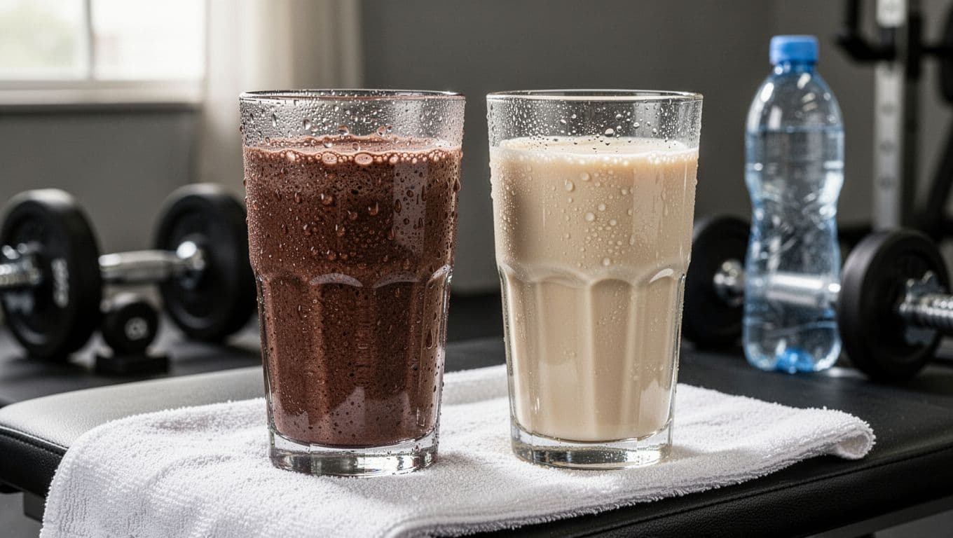 Two clear glasses side by side on a gym bench towel: left with rich dark chocolate Garden of Life shake, right with smooth creamy vanilla Orgain shake, fresh condensation, blurred dumbbells and water bottle background.